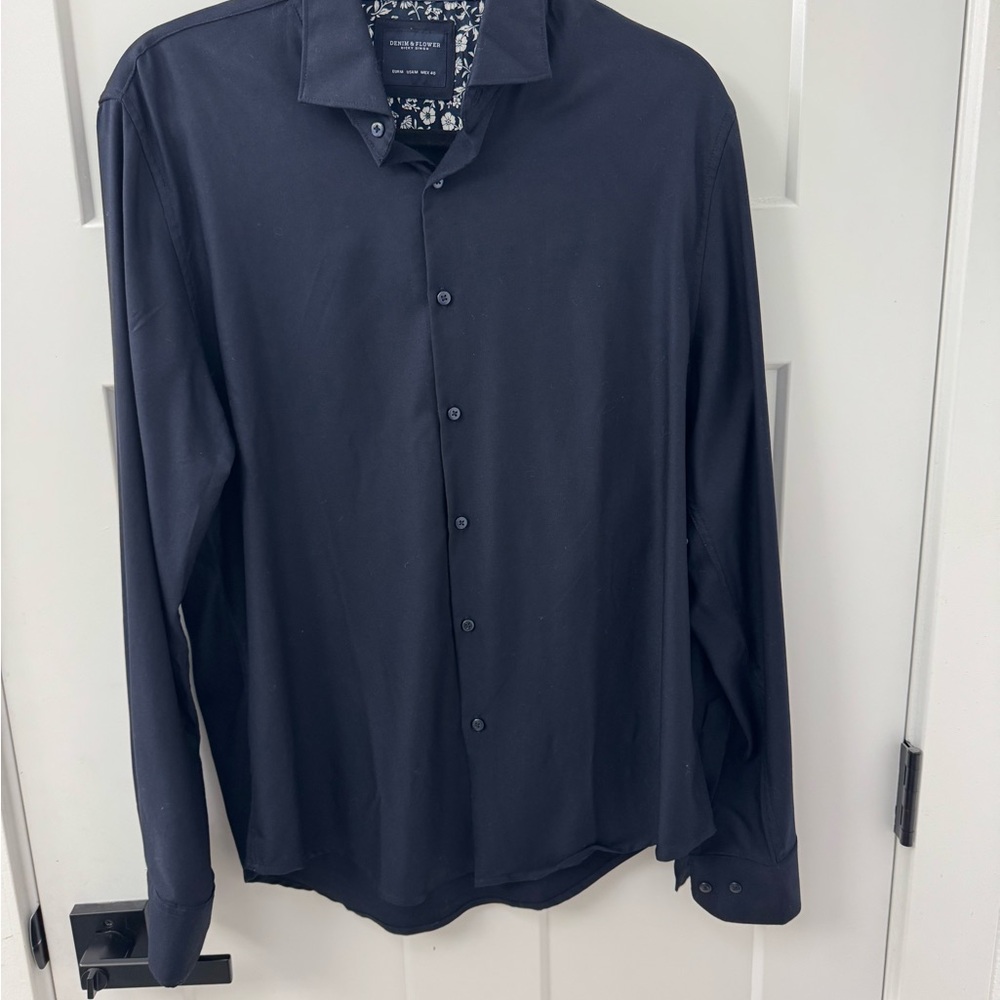 Denim & Flower Dark Blue Casual Button Down Shirt Mens M, 8 way stretch